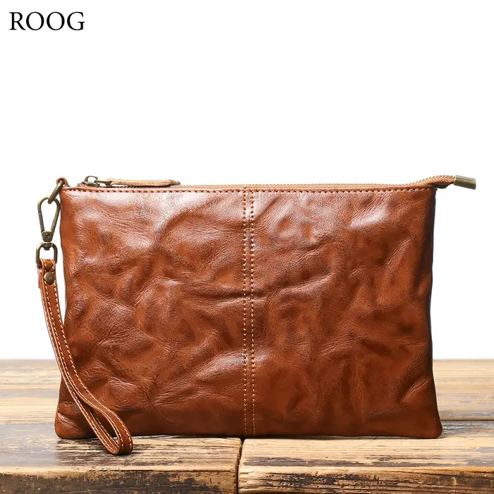 ROOG Portefeuille pochette en cuir vintage intemporel – Cuir véritable luxueux, fermeture éclair séc