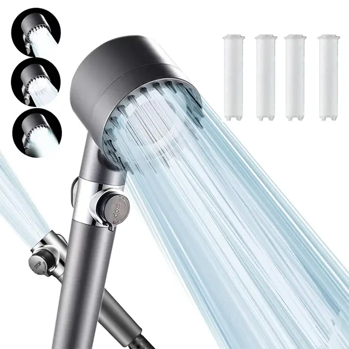 Pommeau douche 3 modes avec brosse massage et filtre coton - Arrêt instantané économie eau haute pression
