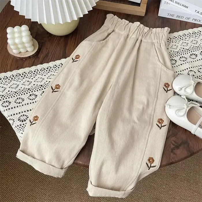 Pantalons décontractés pour enfants, 2-6T, en coton, avec broderie de fleurs, taille élastique, pour