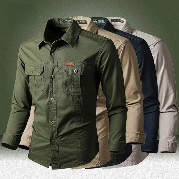 Chemises Cargo Militaires Homme Printemps Automne Coton Décontractées Coupe Slim Hauts Manches Longu