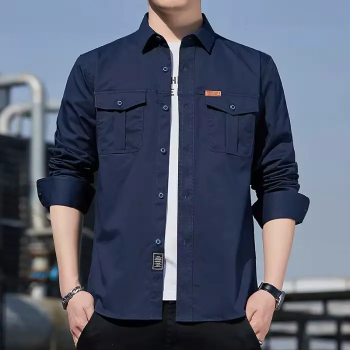Chemise Cargo 100% coton pour hommes, manches longues, 2 poches, chemisiers décontractés d'extérieur