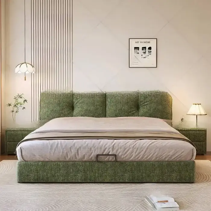 Lit double européen vert pour couples, grand lit flottant en bois avec rangement, style Cama Matrimo