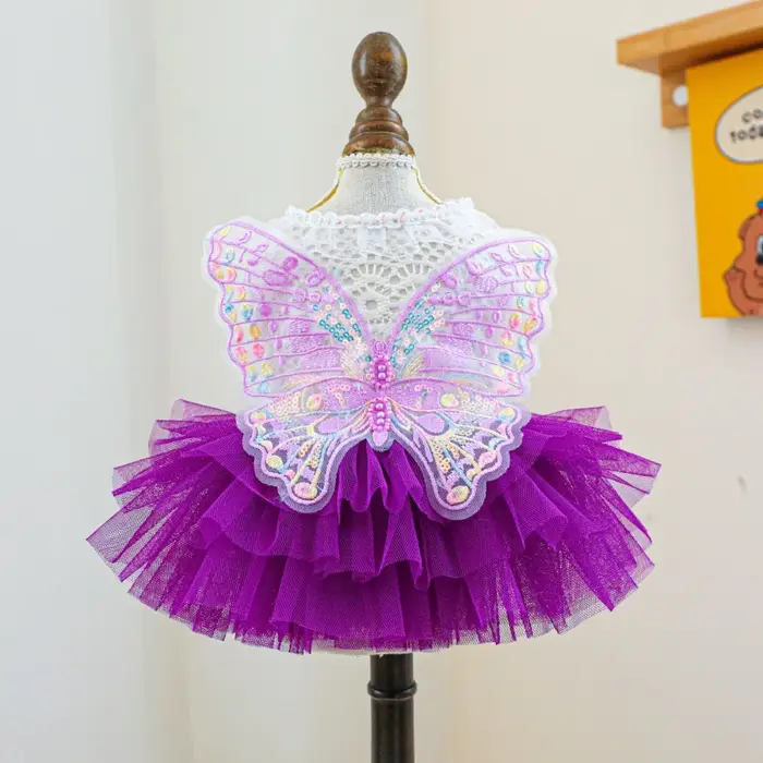 Robe de princesse pour chien, motif papillon féerique, en dentelle et mousseline, douce pour la peau