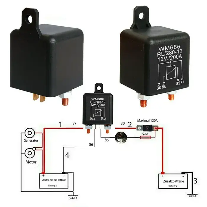 Relais de commutation de batterie universel 12V 200a, démarrage à 4 broches, double isolateur de bat
