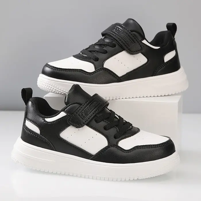 Baskets en Cuir Confortables et Plates pour Garçon et Fille, Chaussures Noires et Blanches Antidérap