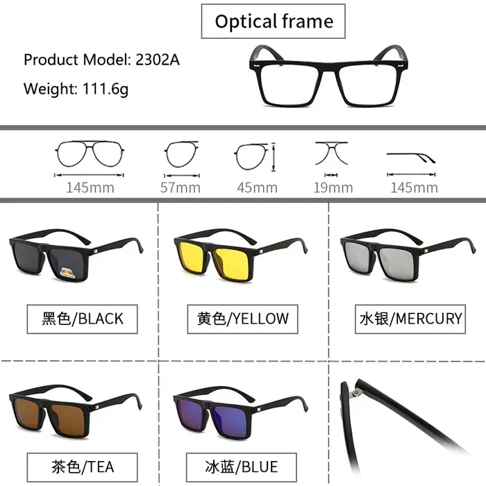 Lunettes de soleil polarisées carrées pour hommes avec clip magnétique 5 Lenes, monture TR90 grise, 