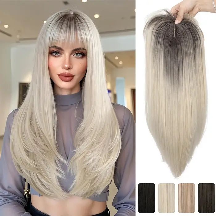 Extensions de cheveux synthétiques à clips avec frange : postiche longue et droite haute température