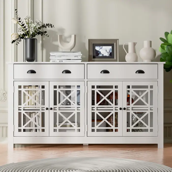 Buffet en bois avec 4 portes en verre acrylique, armoire de bar autoportante, armoire de planche mod