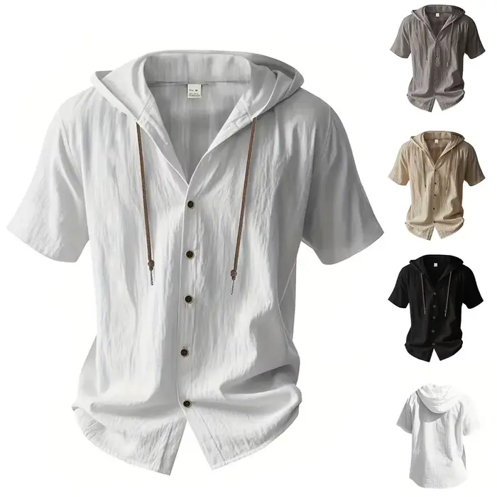 Chemise en coton et lin pour homme à capuche, décontractée, respirante, avec cordon de serrage, manches courtes, solides et élégantes pour l'été et les occasions décontractées