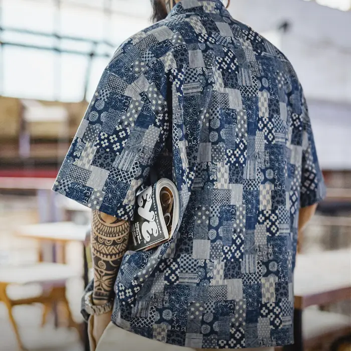 Chemise à manches courtes en coton imprimé pour homme Maden, style Boro patchwork, décontractée, bou