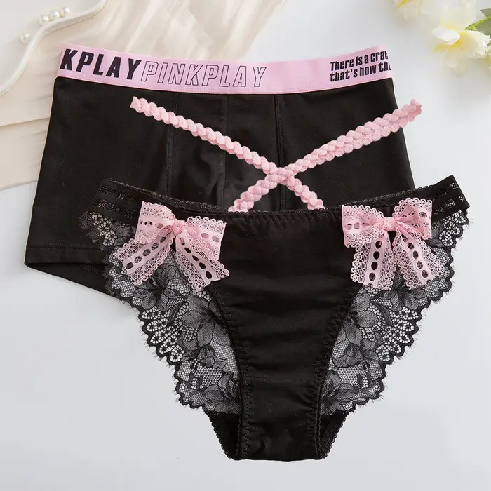 Mignon Couple culottes sous-vêtements nœud papillon Couple sous-vêtements hommes boxeurs femmes slip