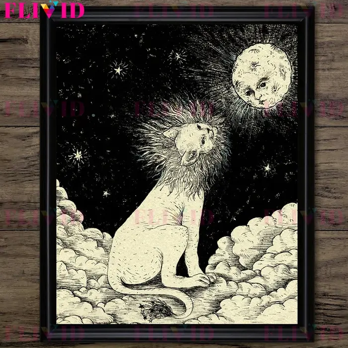 Le soleil Lion chastant la lune, art mural abstrait, lune baignée dans une mer d'étoiles, dessin au 