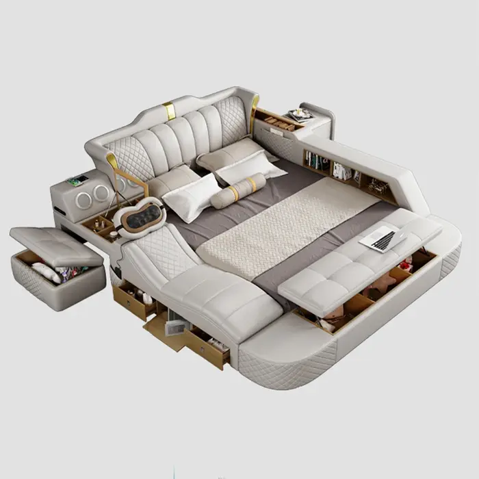 MINGDIBAO-Lit intelligent pour 2 personnes avec cadre King Size, lit Queen, cuir véritable, massage,