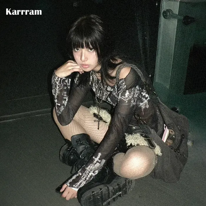 Karrram Grunge esthétique maille hauts japonais Y2k tatouage imprimé hauts transparents Vintage Hara