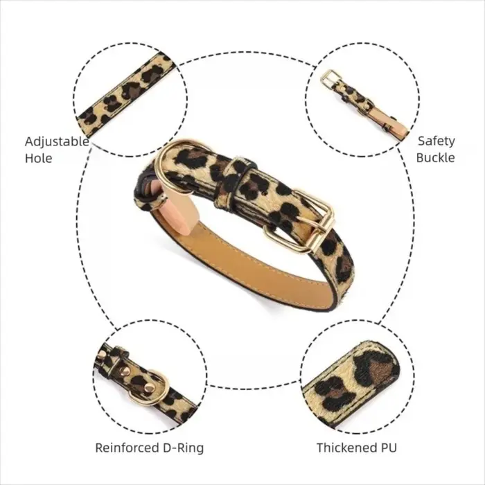 Collier pour chien imprimé léopard à la mode en cuir PU collier pour animaux de compagnie réglable résistant à l'usure collier pour animaux de compagnie petits chiens moyens