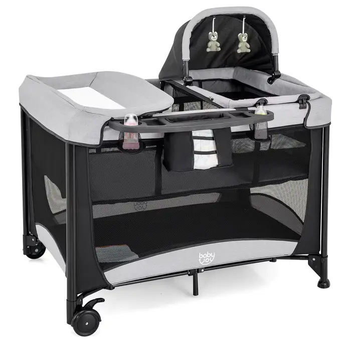 Lit d'appoint 5 en 1 avec roulettes, lit de voyage pliable avec matelas, lit 2 niveaux avec matelas 