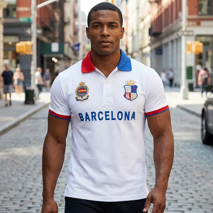 Polo en coton de haute qualité pour hommes Fans de football de Barcelona Symbole "Barca" brodé Cadeau du Nouvel An