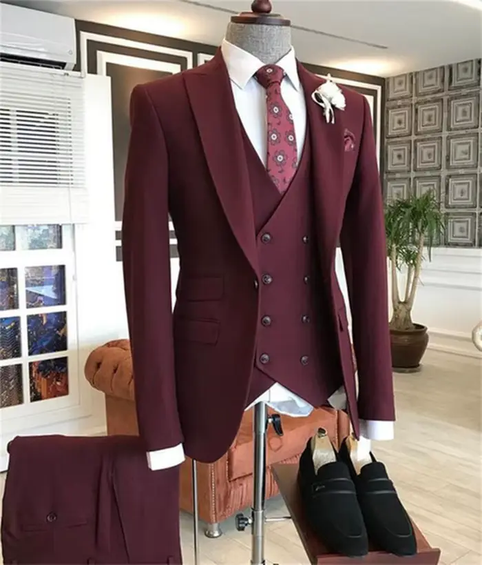 Blazer Bordeaux à Double Boutonnage pour Homme, Coupe Cintrée, Ensemble de 3 Pièces, Costume d’Affaires et de Gala, Occasions Spéciales