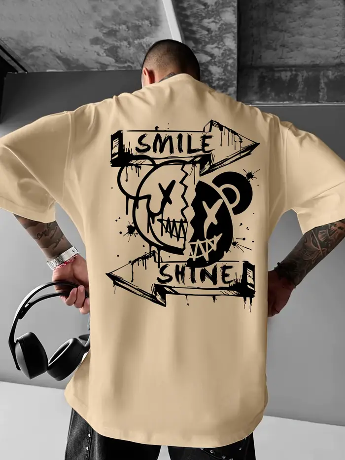 T-shirt pour homme en coton 100% avec imprimé graphique d'ours cassé Smile Shine, idéal pour les ten