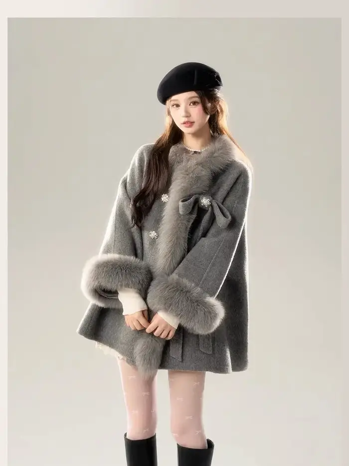 Manteau en laine gris avec nœud pour femme, haut mi-long, vêtements français doux, haut de gamme, fourrure épissée, nouvelle ville Piedmont, hiver