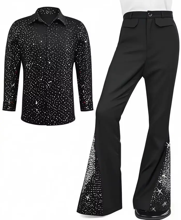 Vêtements Disco pour hommes, pantalons évasés à paillettes, chemise à paillettes bronzantes