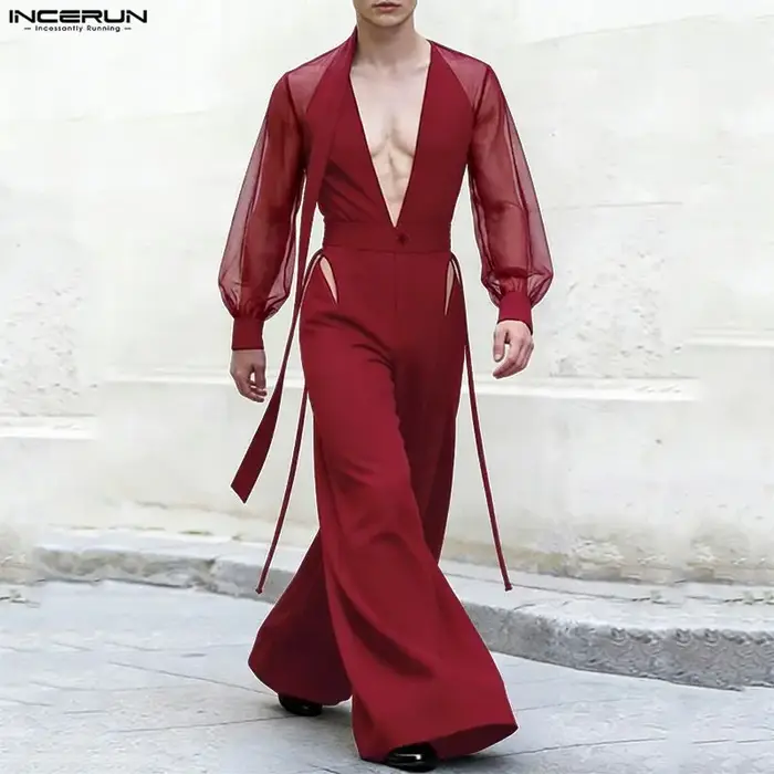 Combinaisons pour hommes INCERUN, style streetwear, à manches longues, col en V, transparentes, avec