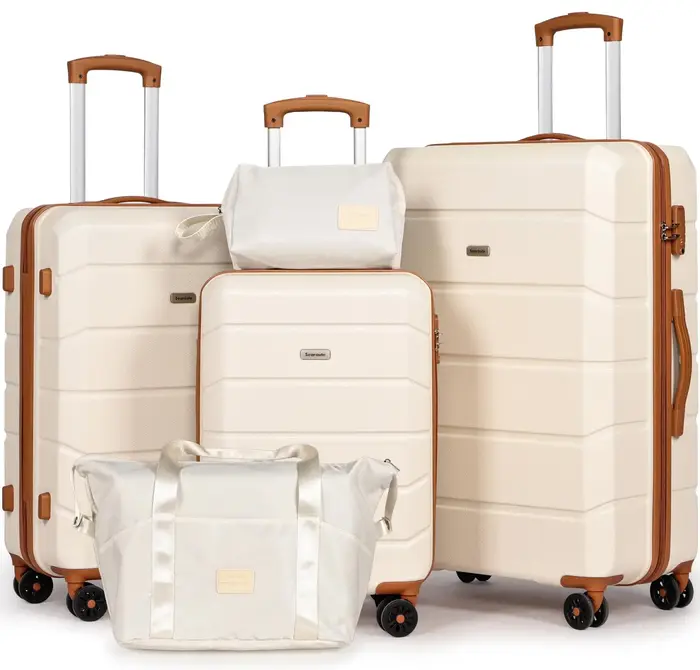 Ensembles de bagages de 5 pièces, ensemble de valises de voyage à roulettes légères coque rigide ABS