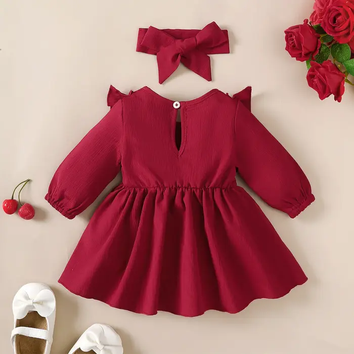 Robe d'automne pour bébé fille, bords et nœud à volants, robe à manches longues + bandeau pour 0-18 