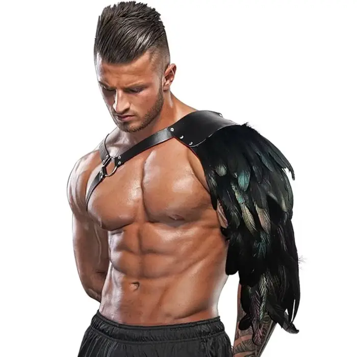 Armure d'épaule gothique en cuir PU noir avec plumes, protège-bras et double épaulette pour LARP