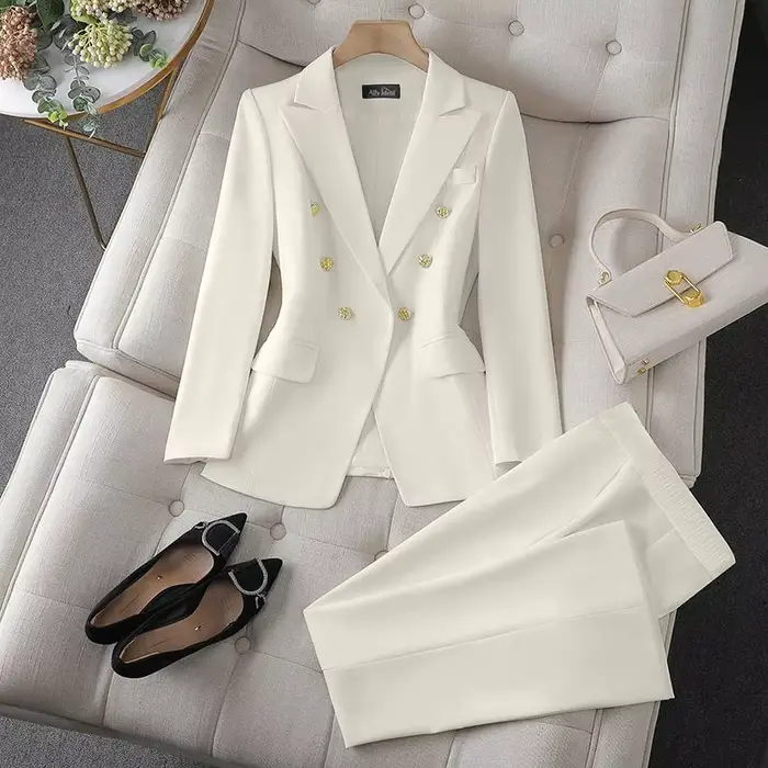 Ensemble 2 pièces de mode coréenne : Blazer à col rabattu et pantalon slim à manches longues pour fe