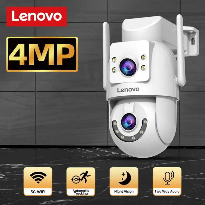 Caméra de sécurité extérieure WiFi PTZ Lenovo 4MP HD double écran suivi automatique pour surveillance vidéo audio