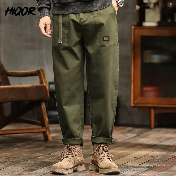 Pantalon cargo vintage américain homme - Haute taille vert armée pour style casual rétro