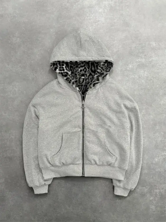 Automne/hiver léopard gris Double face sweat à capuche avec fermeture éclair hommes décontracté haut