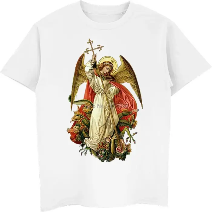 Saint Michael détruire le diable catholique chrétien T-shirt hommes coton à manches courtes